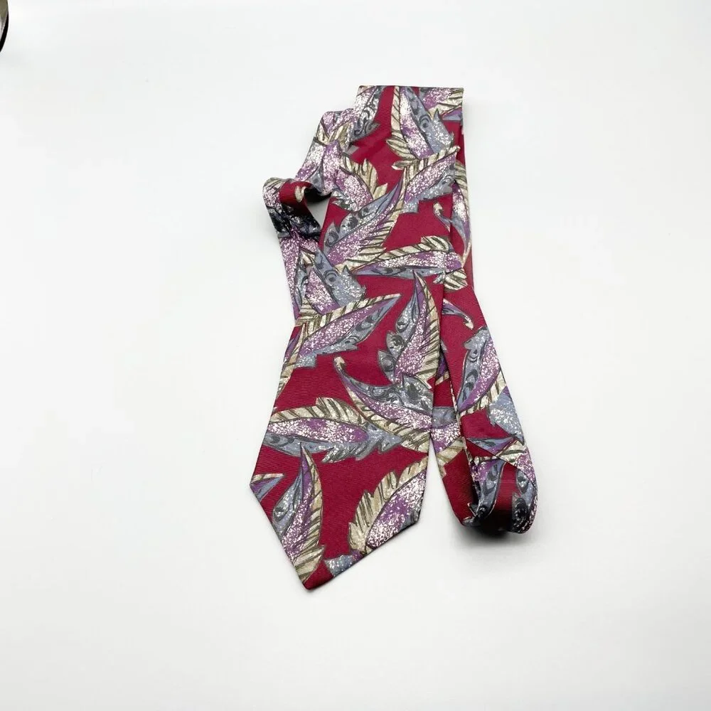 Vintage Christian Dior Red and Purple Palm Printed Silk Tie Made in Italy 80s 90